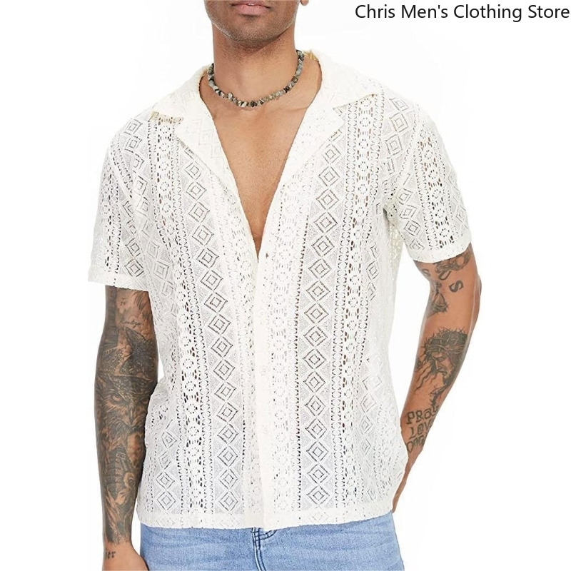Stock Quick Mens Lace Shortsleeved Shirt Sexy Perspective Holiday Casual Hollowout Summer Thin Trend w250520