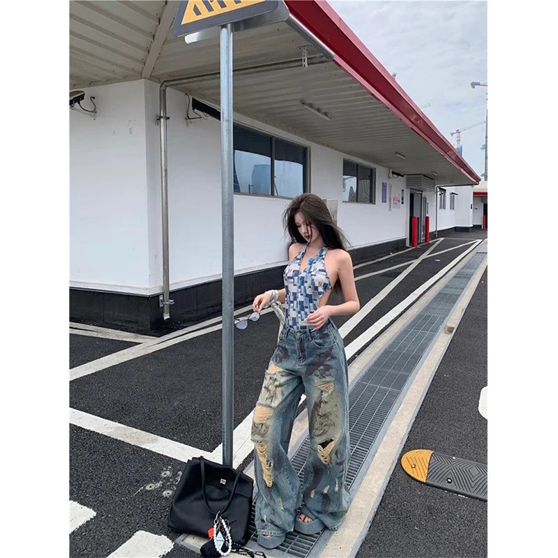 Y2K Ripped Jeans Women Vintage Streetwear Hole Wide Leg Denim Pants Harajuku Aesthetic Gyaru Baggy Straight Trousers Z260313