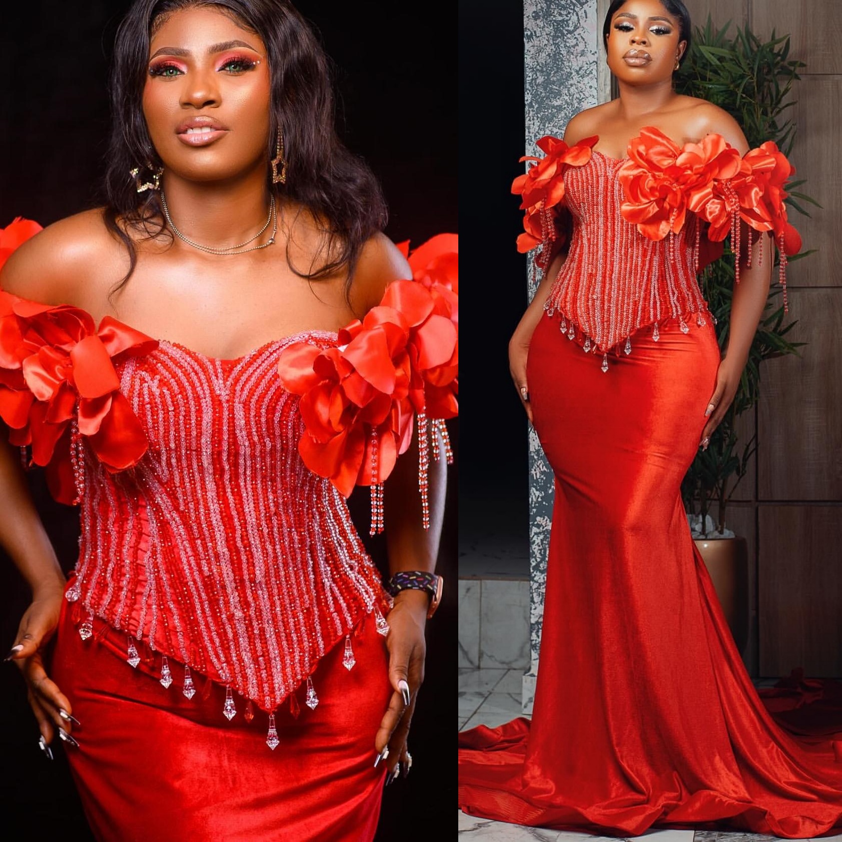 Red Mermaid Prom Dresses 2025 Beaded Crystals Flowers Velvet Evening Formal Party Second Birthday Engagement Gowns Plus Size Dress For Special Occasio