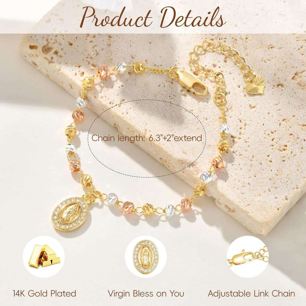 Women's Virgin Mary Bracelet - 14k Gold Plated Rosary Beads Cross Bracelets,Hypoallergenic Non Tarnish Religious Rosarios Catolicos Virgen de Gua
