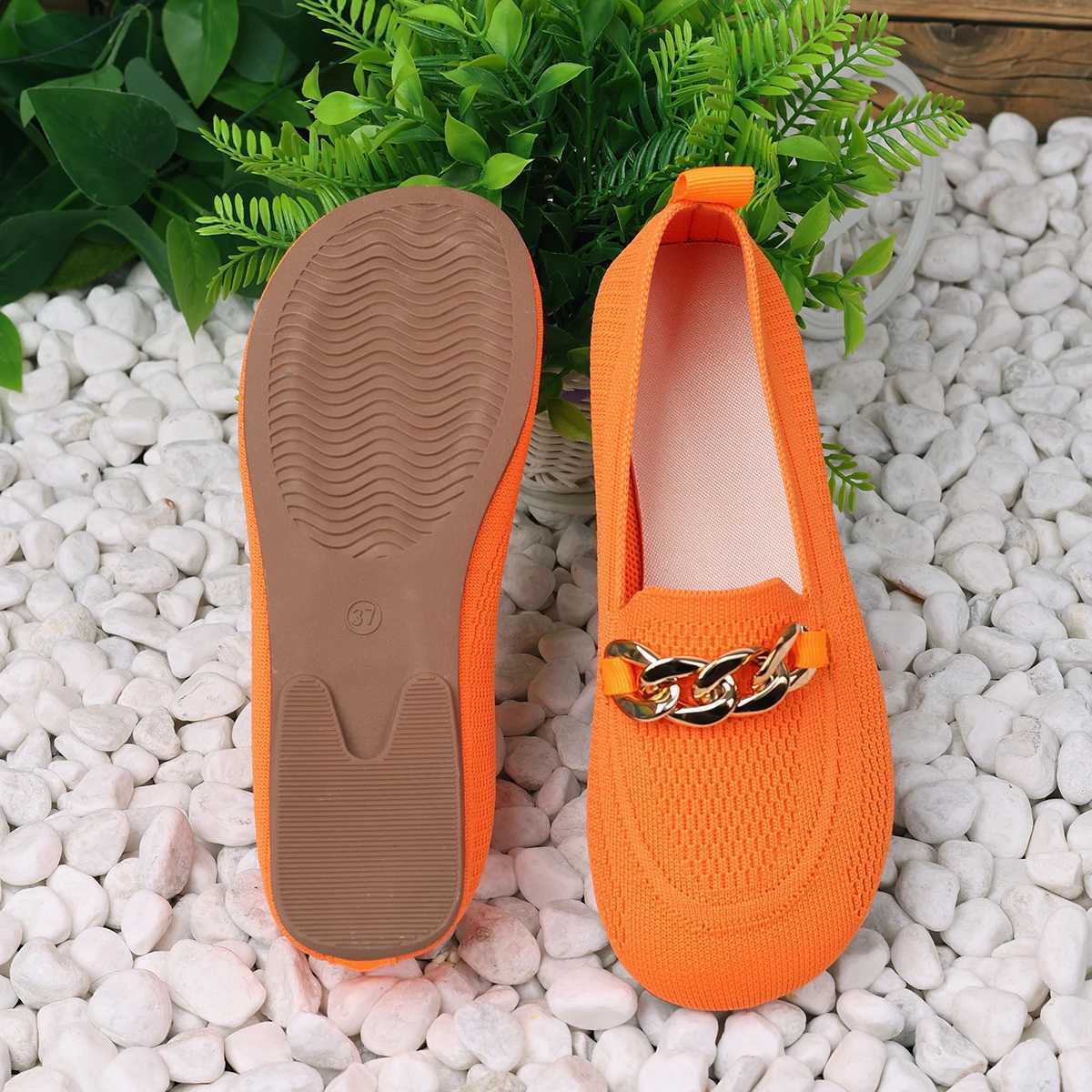 Metal Chain Decor Flats Shoes for Women 2025 Plus Size 44 Mesh Breathable Loafers Shoes Woman N-Slip Casual Vulcanized Shoes XJ250614