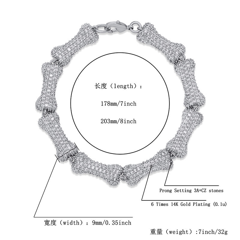 9mm Fine Quality Hip Hop Bone Charms Necklace Bracelet Jewelry Set Full Cz Zircon Neck Chains Personalized Mens And Womens Rapper Halloween Gifts Neck