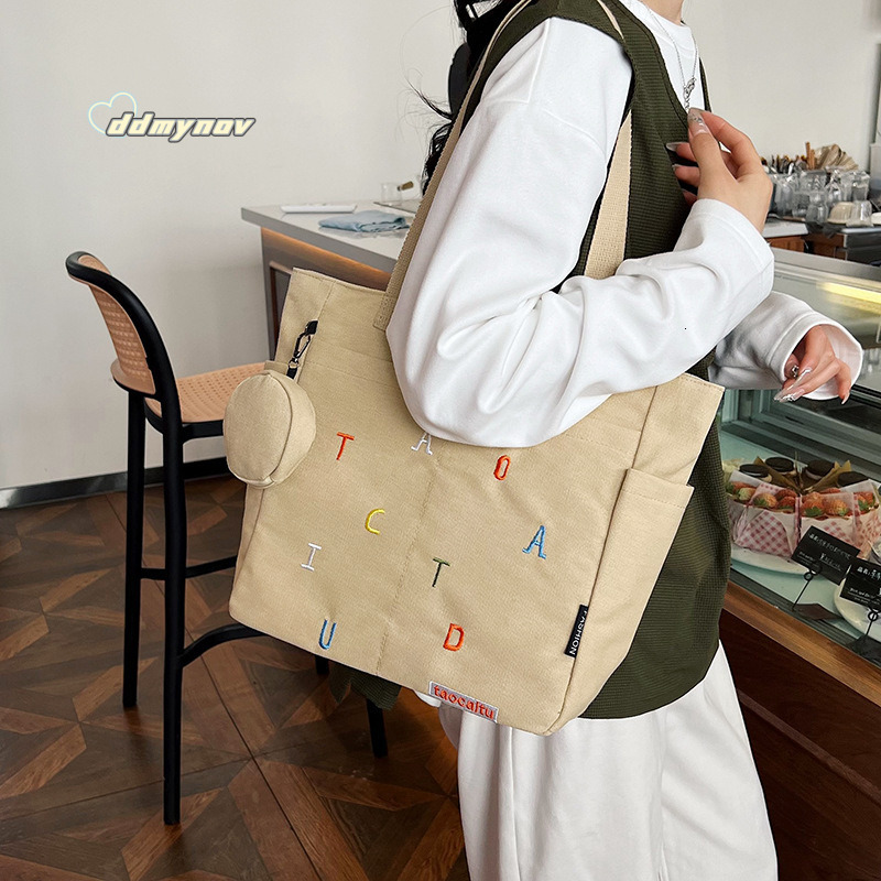 Design Embroidered Letter Versatile Commuter Canvas Tote Bag Casual Literary Student Shoulder Handbag ddmynov
