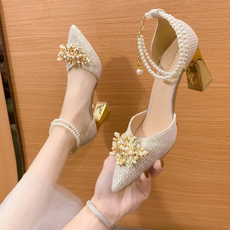 Ladies Shoes on Sale Fashion Pointed Metal Beaded Solid Womens High Heels Summer Leisure Banquet Women Wedding Pump 2024 250613