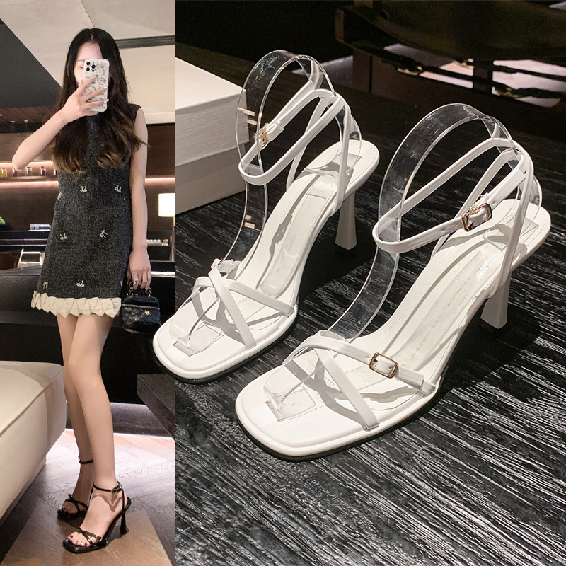 Ddmyoutdoor French Style High Heel Summer New One Strap Square Toe Stiletto Fashion Sandals For Women Outdoor Shoes