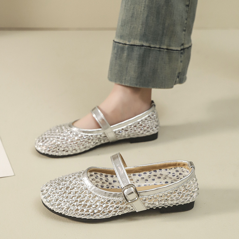 Ddmyoutdoor French Style Rhinestone Mary Jane Shoes For Women Hollow Gentle Evening Breeze Summer New Match With Skirts Flat Loafers Outdoor Shoes