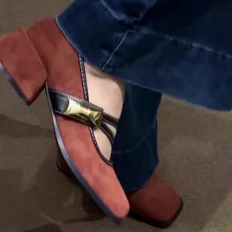 Ddmysports Spring New Square Toe Shallow Mouth Mary Jane Versatile Niche One Strap Chunky Heel Single Shoes High Heels Outdoor Shoes