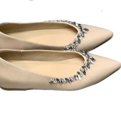 Ddmysports French Style Nude Pointed Toe Elegant Single Spring New Small Height Increasing Rhinestone Commuter Flat Shoes For Women Outdoor Shoes