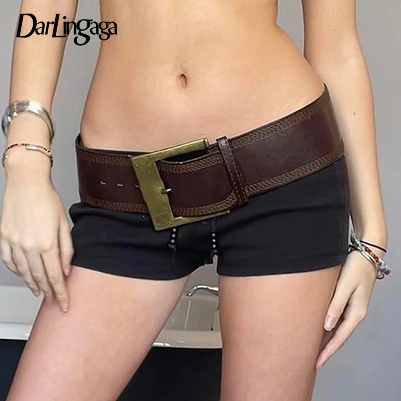 Darlingaga Vintage Fashion Brown Metal Buckle Women Belts Y2K Accessories Waistband Grunge Wide Belt Sashes Leather Outwear Chic 250610