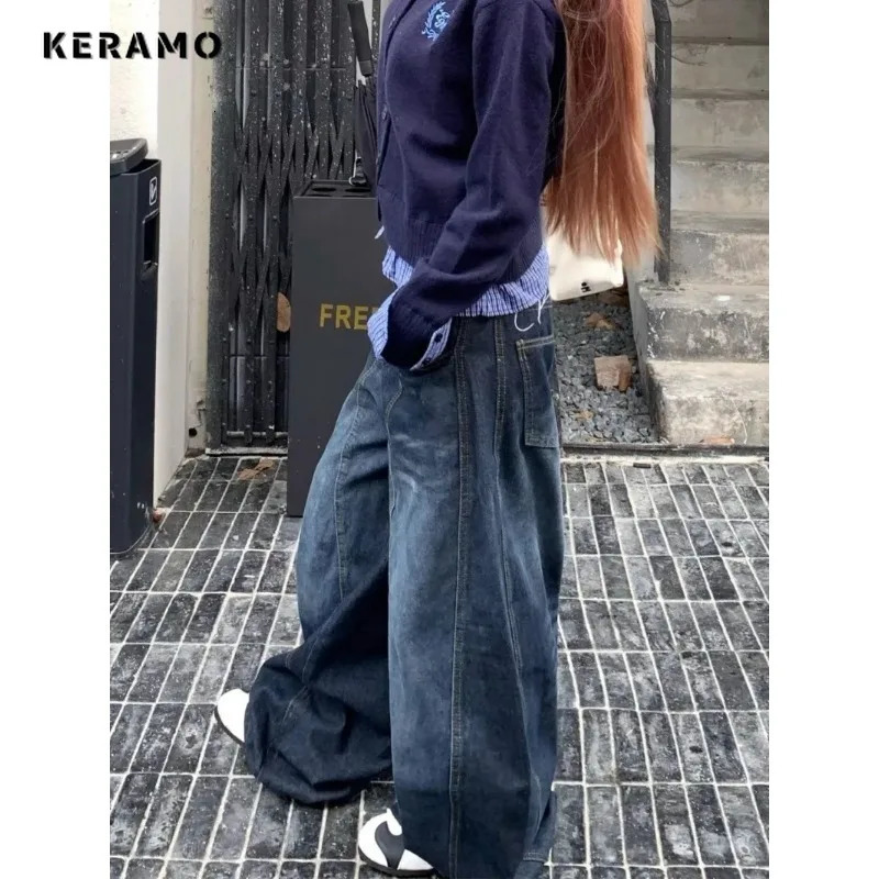 American Vintage Water Washed Machete Jeans Female Y2K Streetwear Fashion Girl Trend Hip Hop Baggy Wide Leg Mop Pants 250612