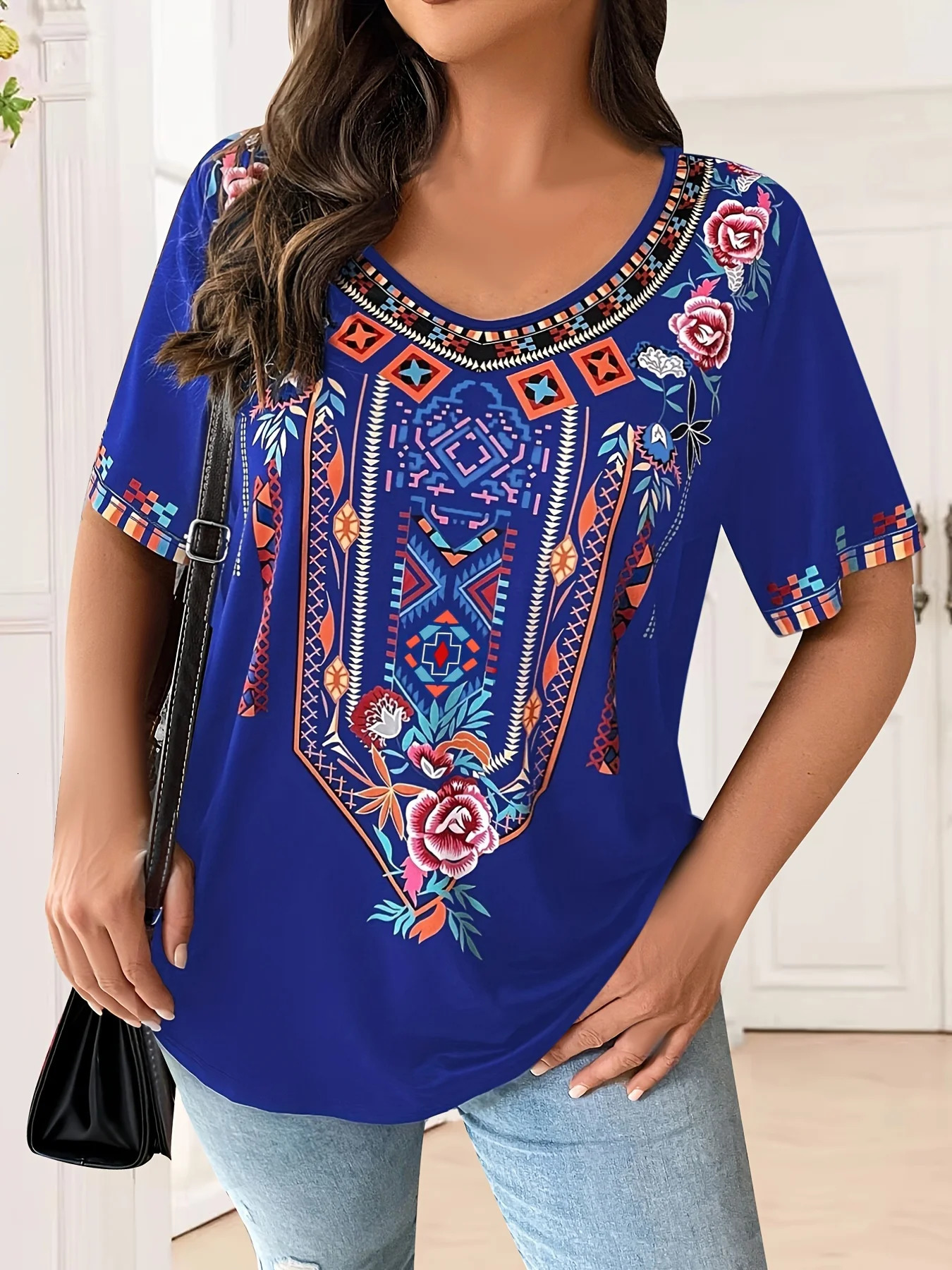 Plus Size Womens TShirt Boho Harajuku Graphic Print Summer Short Sleeve Casual Tops Street Fashion Female Clothing 250614