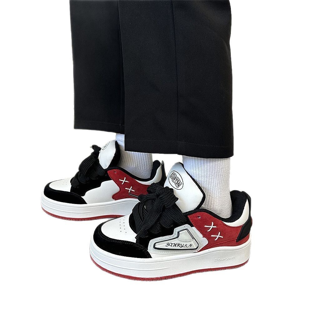 Ddmysports Korean Style Black Red Color Block Thick Sole Bread For Men And Women Ins Trend Couple Versatile Casual Sports Skate Shoes Outdoor Shoes
