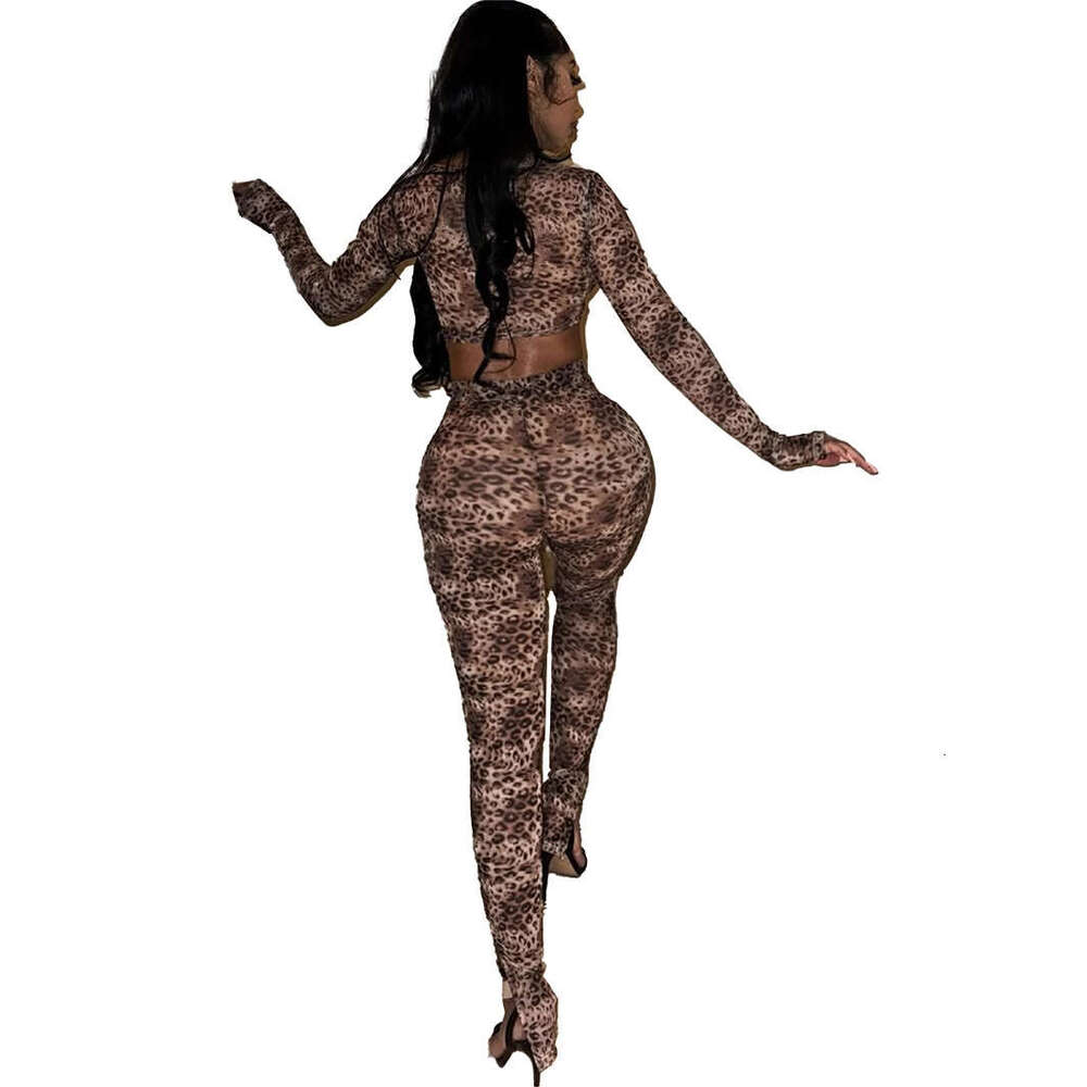Autumn New Stretch Leopard Print Wild Sexy Slim Fit Short Long Sleeve Top And Pants Set B5