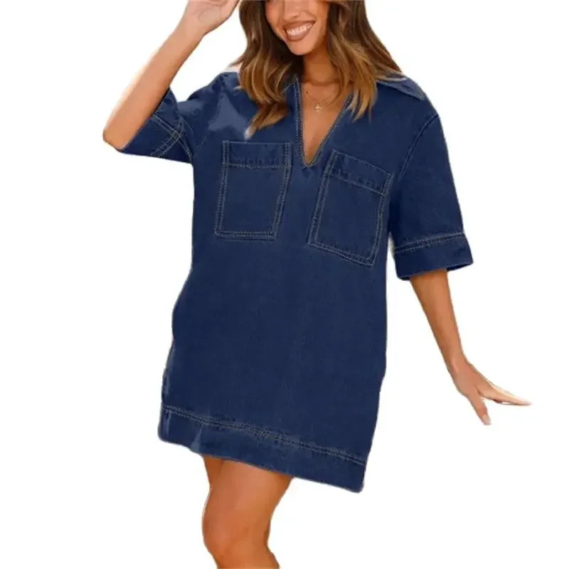 Summer Thin Double Pockets Patchwork Denim Dress Women Daily Casual Gown Female Lapel Deep V-Neck Half Sleeve Loose Dresses 250609