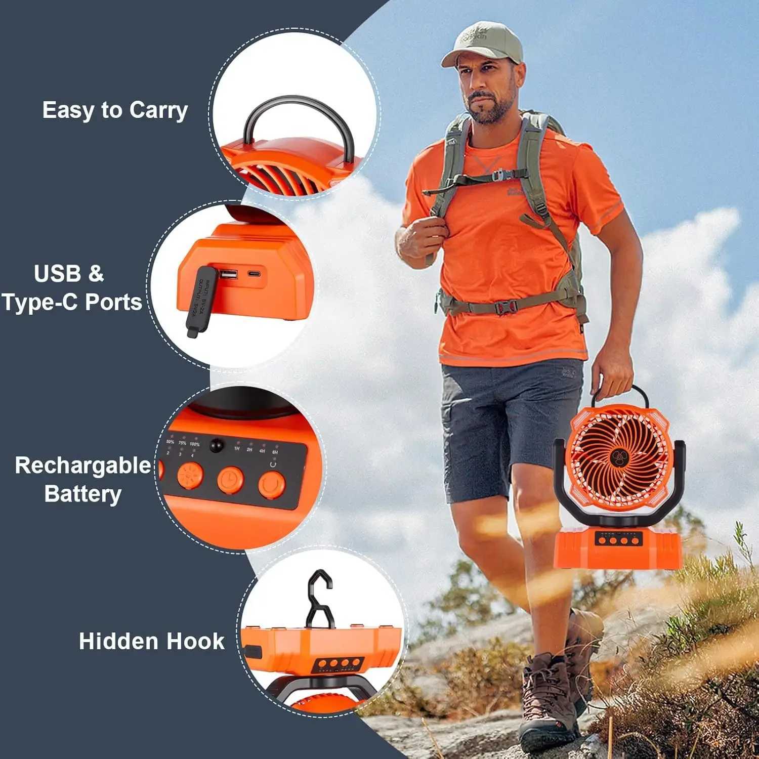 10000mAh Portable Camping Fan Light 3-in-1 Rechargeable Tent Camping Lantern with 4 LED Desk Fan Outdoor Emergency Fishing Lamp W250613