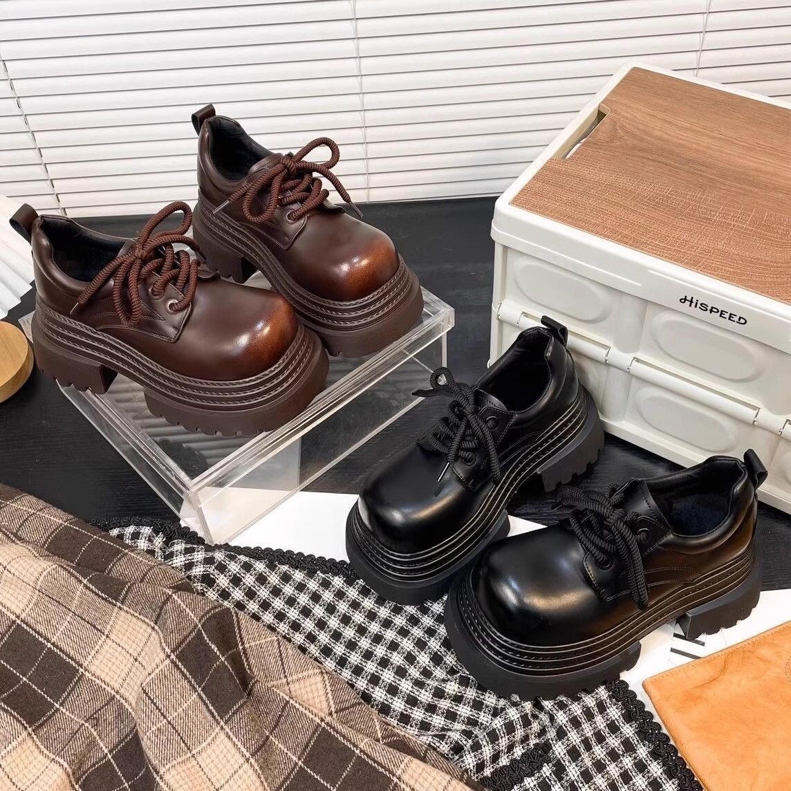 Ddmysports Chunky Thick Soled Platform Height Increasing Block Heel Leather For Women British Style Spring Autumn New Single Shoes Outdoor Shoes