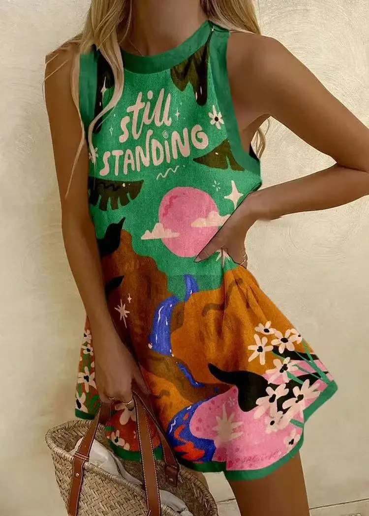 Summer Fashion Casual Sleeveless Oneck Printed Slim Fit KneeLength Dress For Women 17 Colors 250611