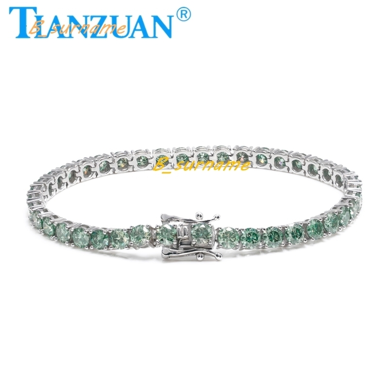 925 Sterling Silver Hip Hop Iced Out Green Round Brillant Moissanite Tennis Chain Bracelet Synthetic Diamond Jewelry