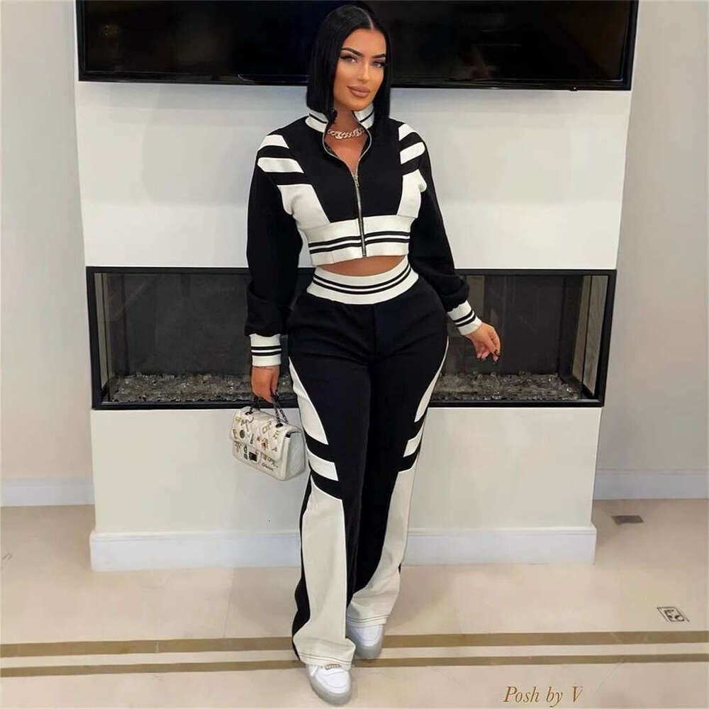 Autumn New Fashion Trend Color-Block Casual Sports Long Sleeve Jacket Top And Pants Set B5