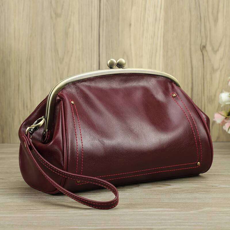 Genuine Leather Women Clutch Kiss Lock Design Female Purse Handbag Large Capacity Long Wallet Bag Phone Pocket