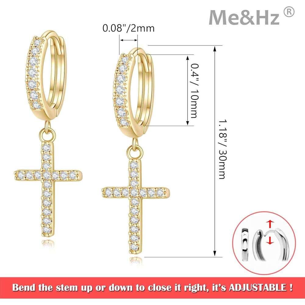 14K Plated Drop Dangle Hoop Trendy Gold Women Small CZ Hie Hoops Dangling Dia Cross Earrings for Men Hypoallergenic Lightweight