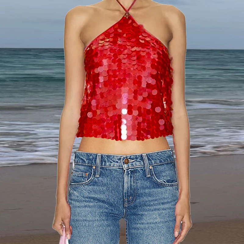 Sexy Ladies Halter Slim Fit Sequin Top Club Party Hollow Out Backless Womens Blouses Casual Solid Lace Up High Street Tshirt 250611