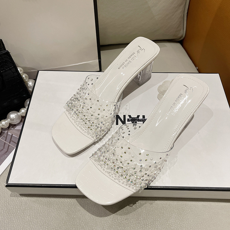 Ddmyoutdoor Women S Transparent Half Summer New Crystal Chunky Heel Outdoor High Heels Open Toe Rhinestone One Word Slippers Outdoor Shoes