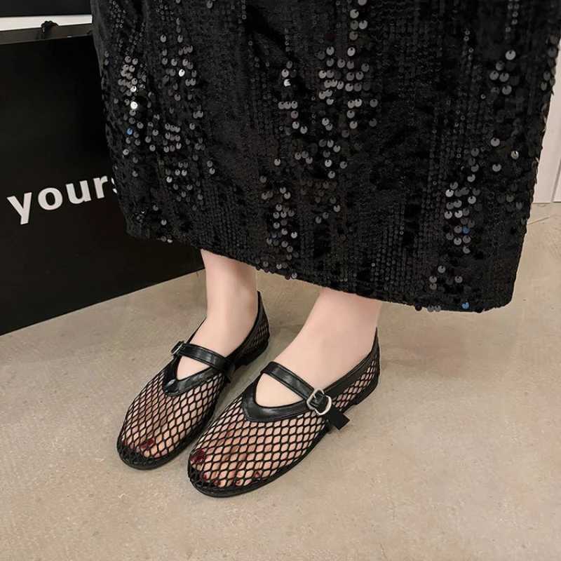 Fishnet Ballet Flats Woman Chic Brand Design Hollow Out Lace Mary Jane Shoes Ladies Summer Sandals Breathable Mesh ZapatosC250613