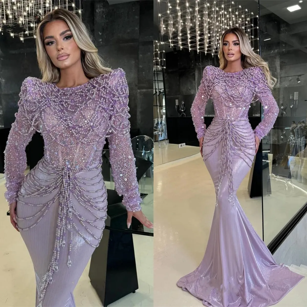 Gorgeous Beading Prom Dresses Elegant Sequined Pearls Scoop Neck Evening Dress Long Sleeve Celebrity Party Gown Customized