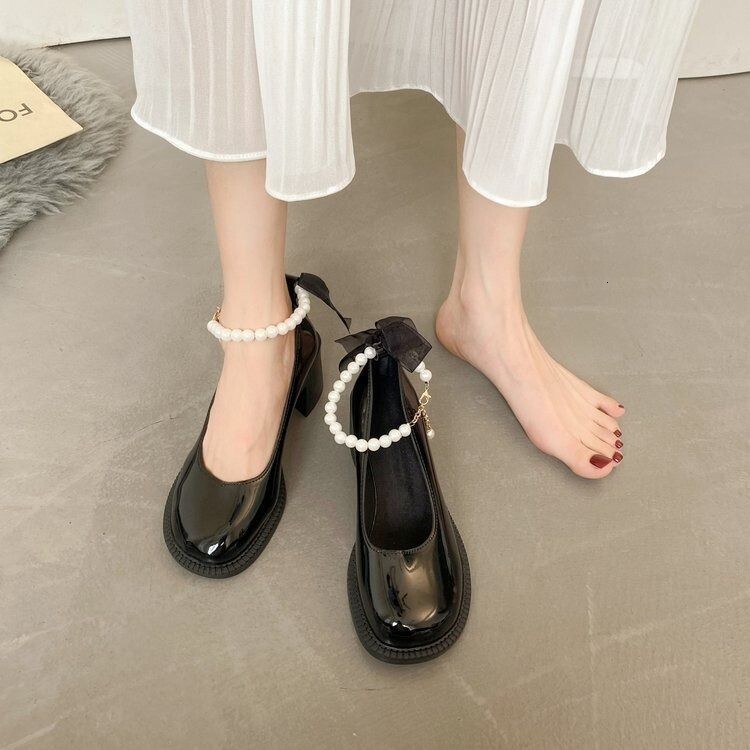 Ddmysports Pearl Ribbon Mary Jane For Women Spring New Fashion Chunky Heel Non Slip British Style Small Leather Shoes Outdoor Shoes