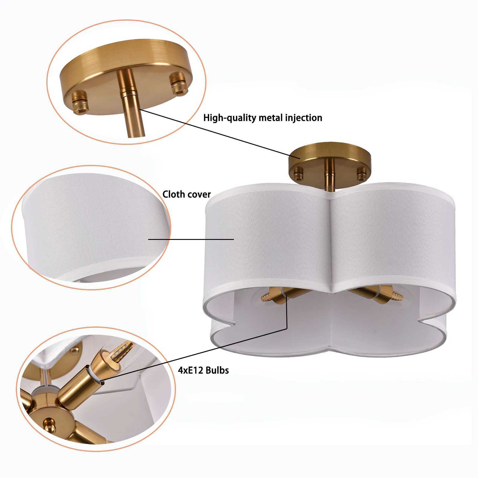 4-Light Semi Flush Mount Ceiling Light Fixture Gold Finish Ceiling Light Close to Ceiling Lamp for Bedroom Dining Room E12 Base XJ2500613