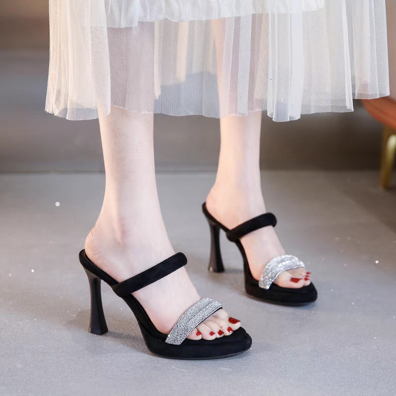 Ddmyoutdoor Petite Heels Not Tiring Feet Summer New Rhinestone One Strap Internet Celebrity High Heel Sandals Outdoor Shoes
