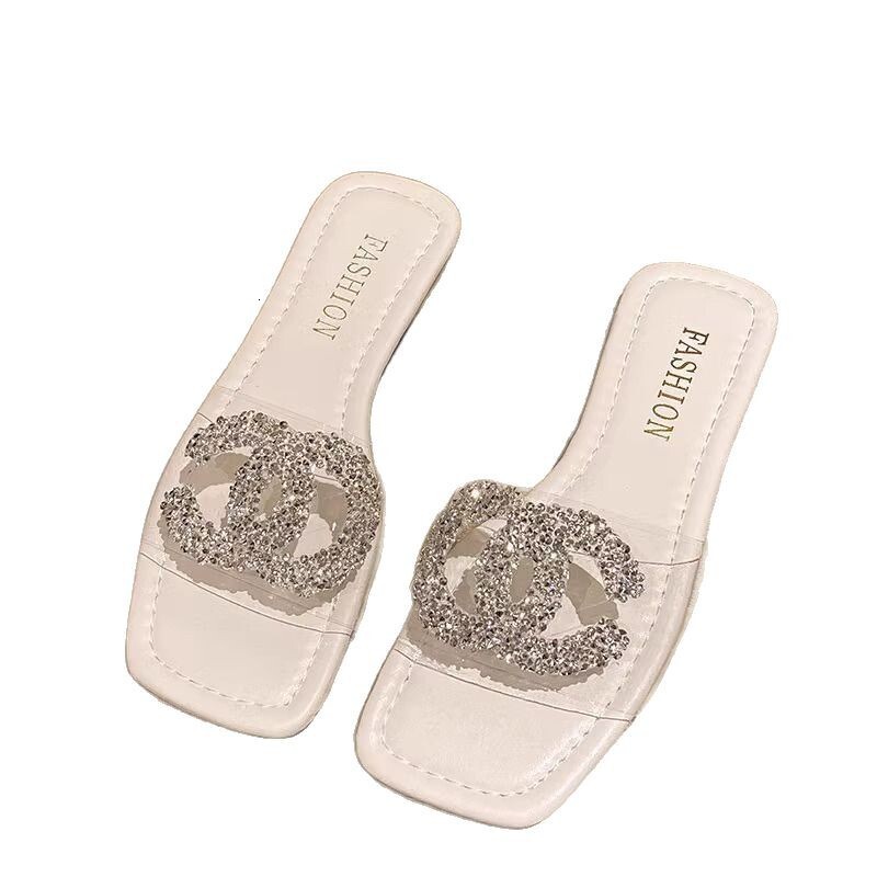 Ddmysports New Women S Outdoor Flat Slippers Summer Versatile Transparent Rhinestone One Strap Sandals With Rhinestones Outdoor Shoes