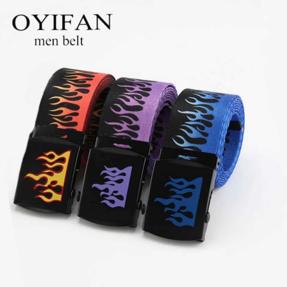 Mens and wens belts smooth buckle belts flame print belts statement belts hip hop trend canvas belts X250614