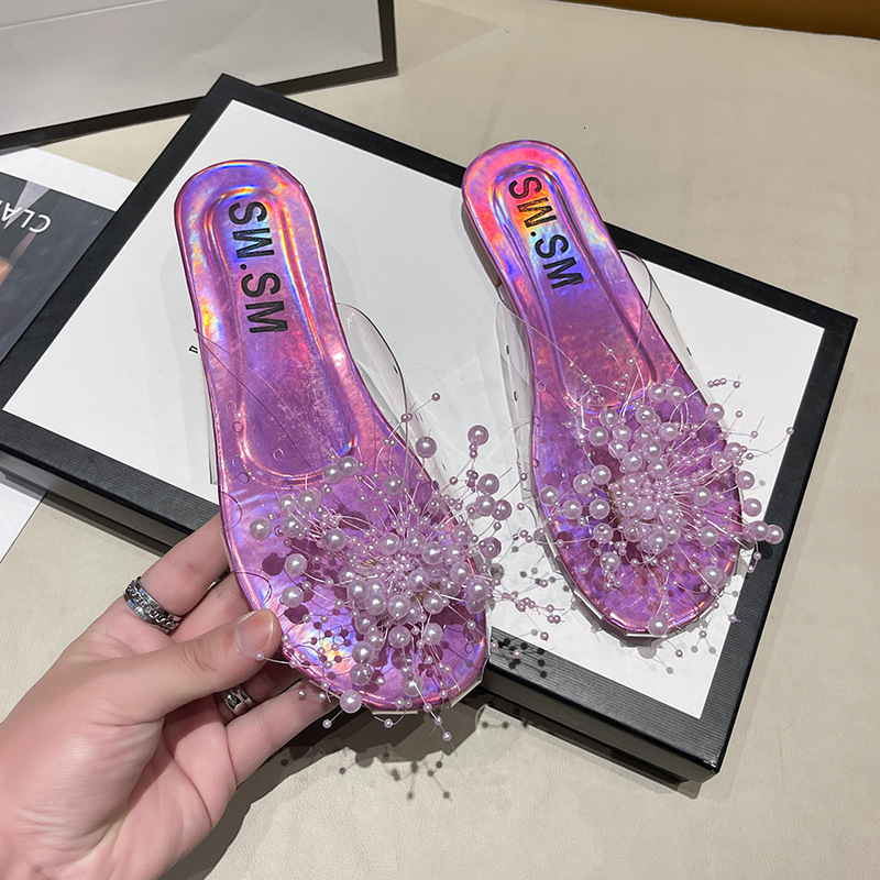 Ddmyoutdoor Shiny Silver Transparent Beaded Toe Cap Half For Women Outdoor Summer Internet Celebrity Super Popular Sandals Slippers Outdoor Shoes