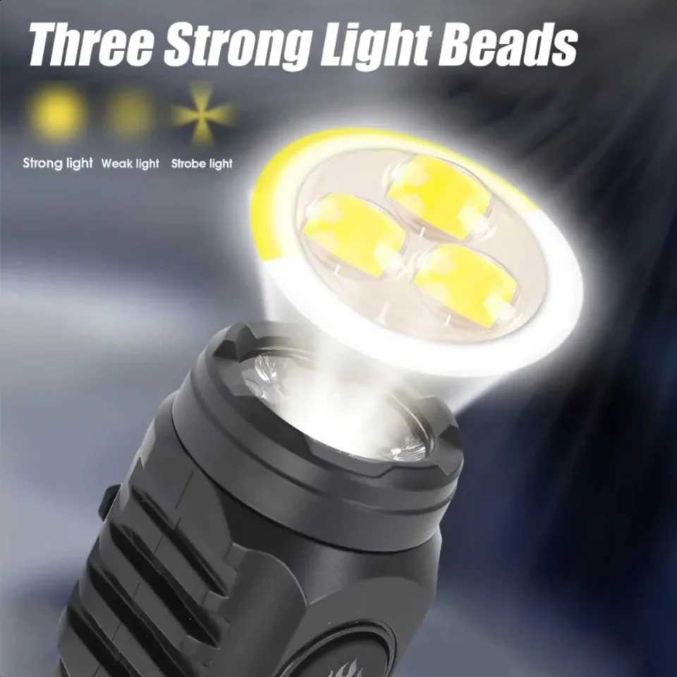 Powerful Portable Flashlight Mini Three Eye Flashlight USB Rechargeable Strong Light Camping Fishing Lantern Magnet Torch W250613