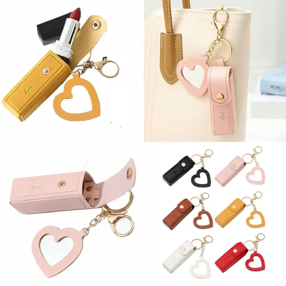 Portable Leather Lipstick Bag Makeup Pouch Lip Balm Keychain Holder Lipsticks Protective Cover With Mirror 250614