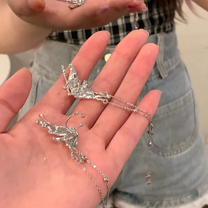 Y2K Goth Elf Butterfly Tassel Ear Clips Angel Ear Bone Earring for Women Piercing Ear Cuff Hanging Earring Punk Jewelry 250610