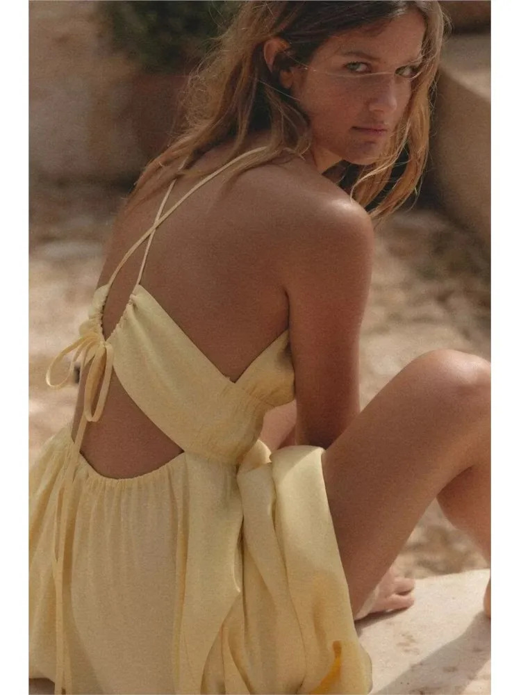 TRAF Flowing Midi Dress V Neck Womens Dress Sexy Backless Thin Straps Lady Dresses With Bow Elastic Waist Party Dress 250613