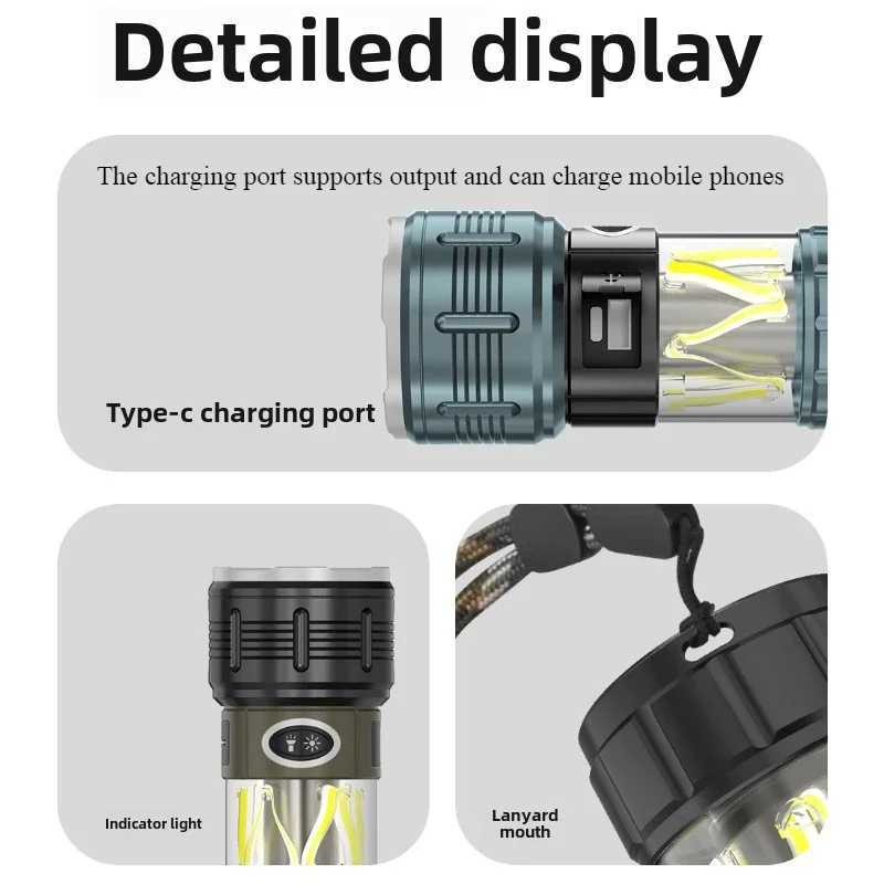 High Power Laser LED Flashlight 4500 mAh Rechargeable Tactical Flashlight with Side Light Outdoor Camping Emergency Spotlight W250613