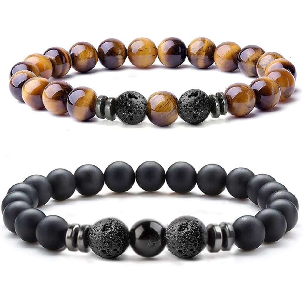 Mens Natural Stone Bracelets 8MM Stretch Adjustable Tiger Eye, Matte Agate, Lava Rock Beaded Bracelet Set for Men Women Gifts