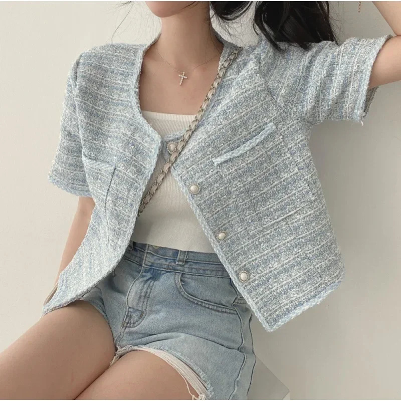 Womens Blazers O Neck Short Sleeve Blue Tweed Jacket Cropped Cardigan Tops Suit Summer Plaid Shirt Women Casual Coat Korean 250611