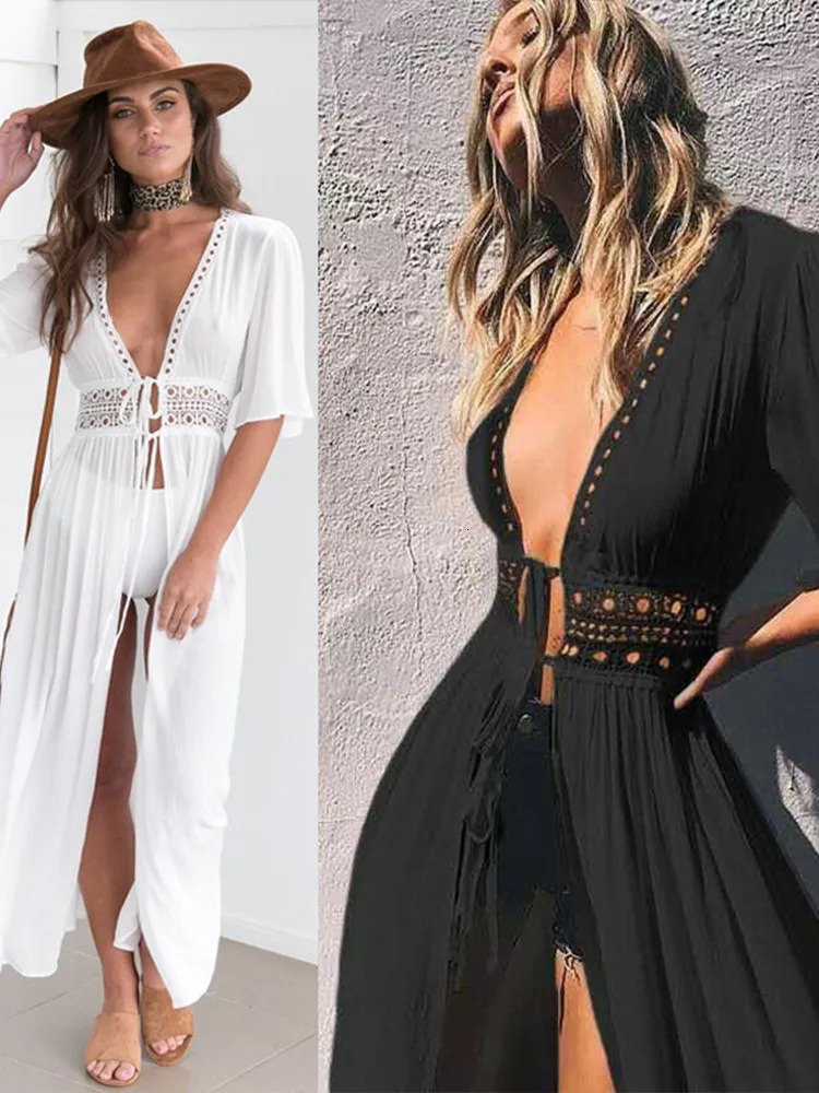 Women Lace Patchwork Laceup Long Shawl Cardigan Solid Color Bikini Female Swimming Swimwear Summer Beachwear 250611