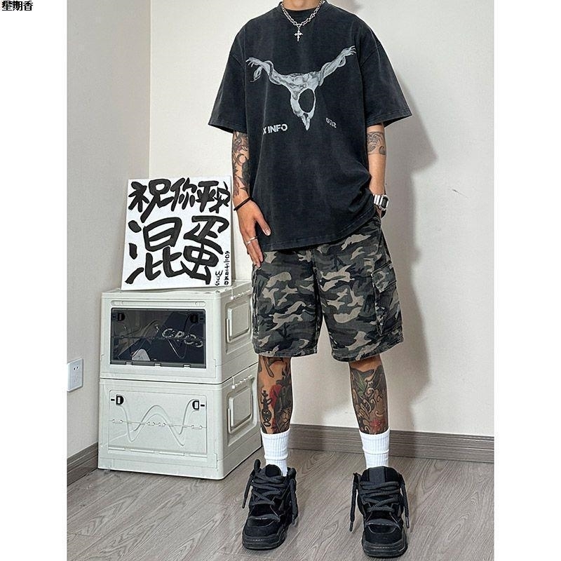 Mens Style Spliced elastic Loose Straight High Street Camouflage n Fivepoint Denim Shorts w250520