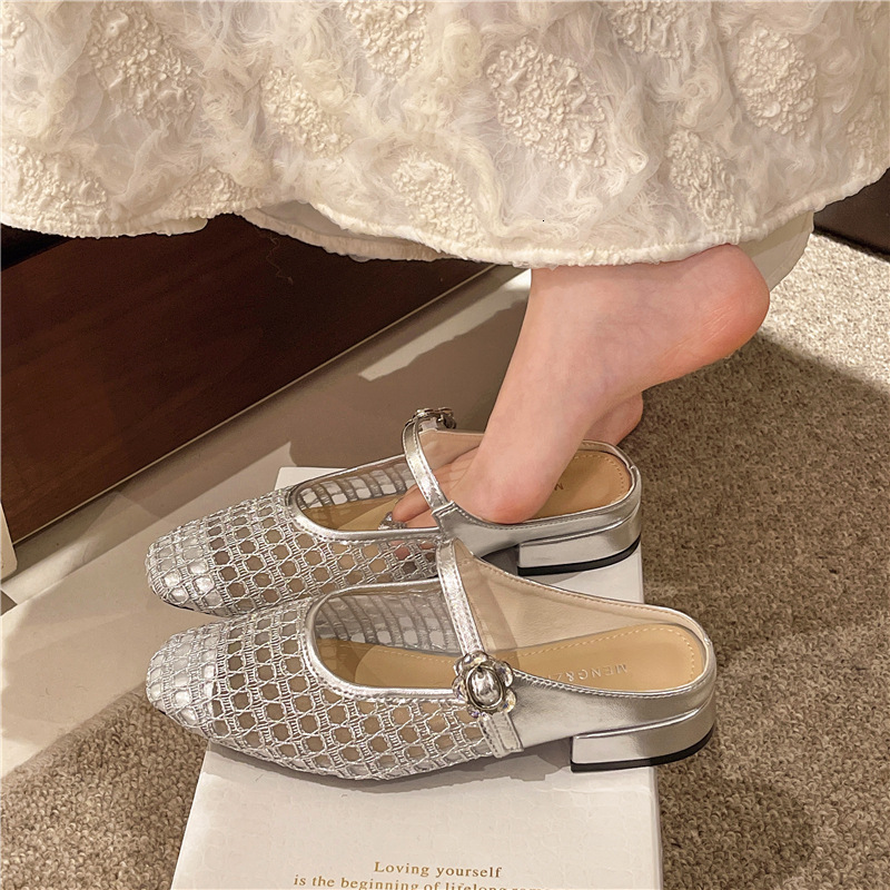 Ddmyoutdoor Super French Hollow Woven One Strap Chunky Single For Women Spring Summer Faux Square Toe Soft Leather Low Heel Mary Jane Shoes Outdoor Sh