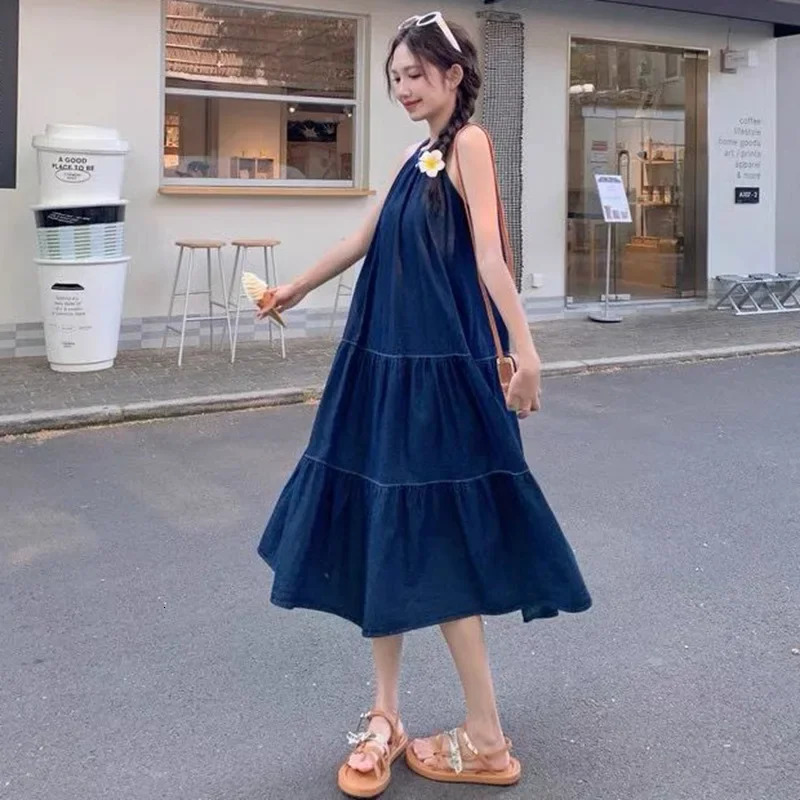 French Style Off-Shoulder Denim Dress Womens Fashion Loose Slimming A- Line Skirt Elegant Summer Arrival Casual Dress 250609