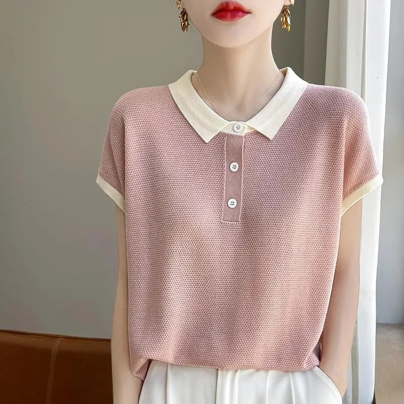 Womens Polo Contrast Color Knitted T-shirts High Quality Original in Trend 2025 Korean Style Clothing Baggy Female Tee 250609