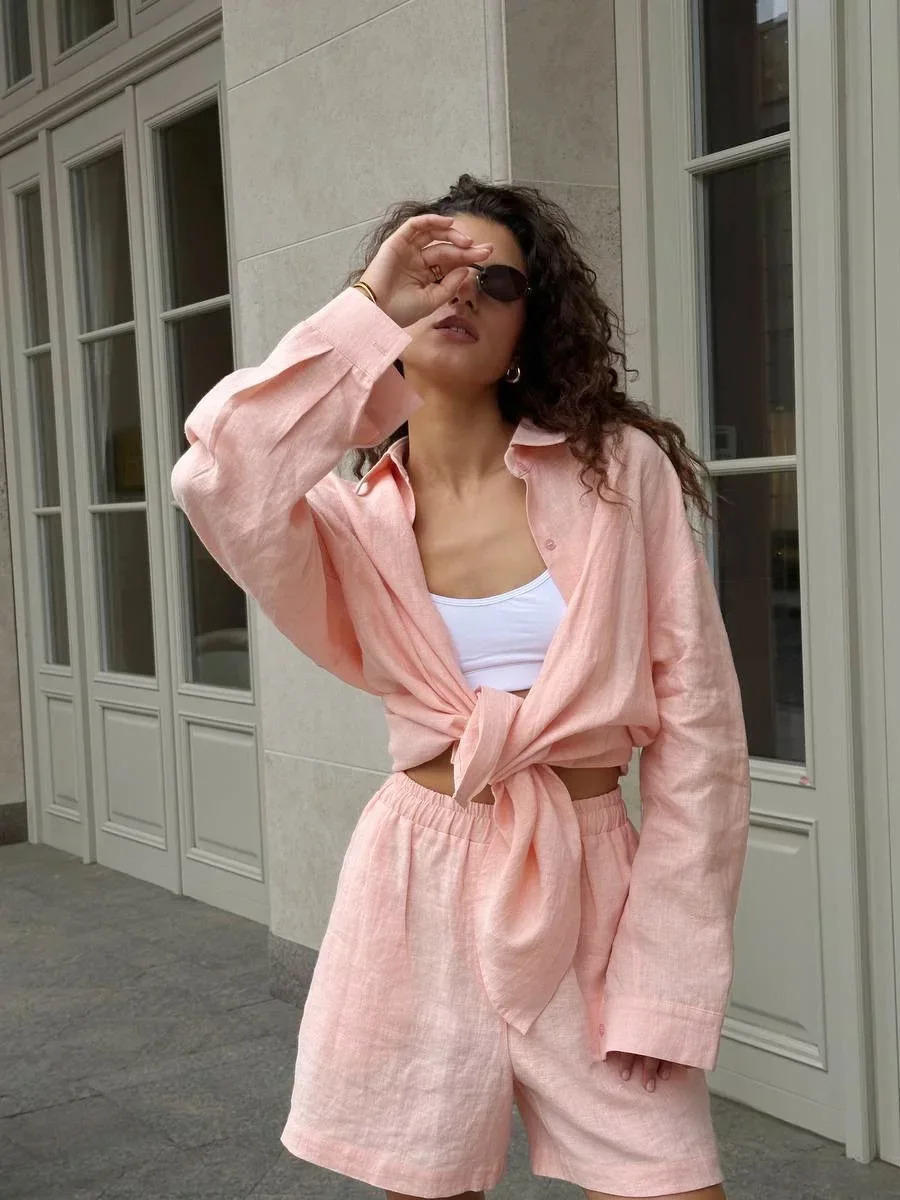 Bornladies 100% Cotton Womens Casual Shorts Sets Solid Color Cozy Lapel Long Sleeve Shirt Summer Elastic Waist Shorts Suits 250529