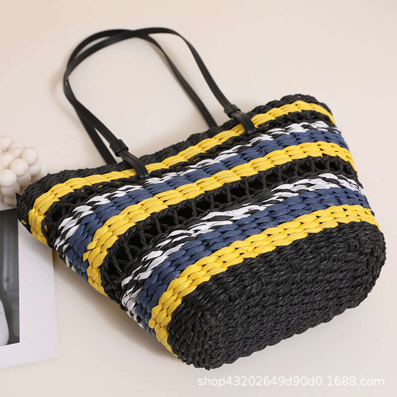 Straw Beach Tote French Hollow Out Single Shoulder Straw New Ethnic Style Color Block Handwoven For Women Vacation Beach Bag Straw Large Tote