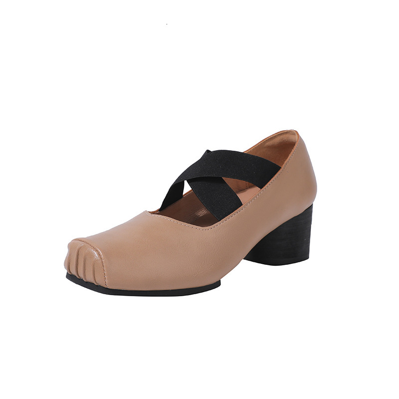 Ddmysheep Ddmysheep Genuine Leather Mary Jane New Cross Strap Square Toe Pleated Ballet High Heel Outdoor Single Shoes For Women
